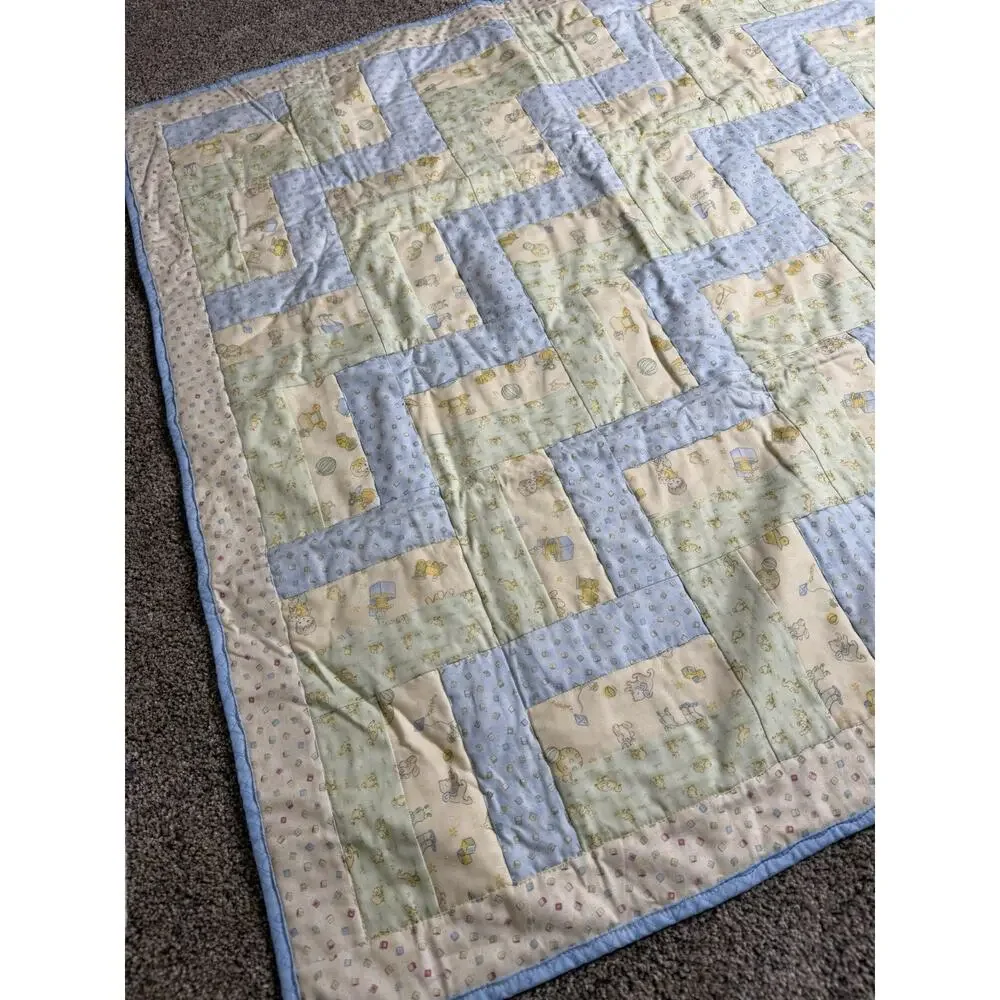 Lap Throw Quilt Handmade Baby Boy Yellow Blue Nursery Theme 40 X 40 In